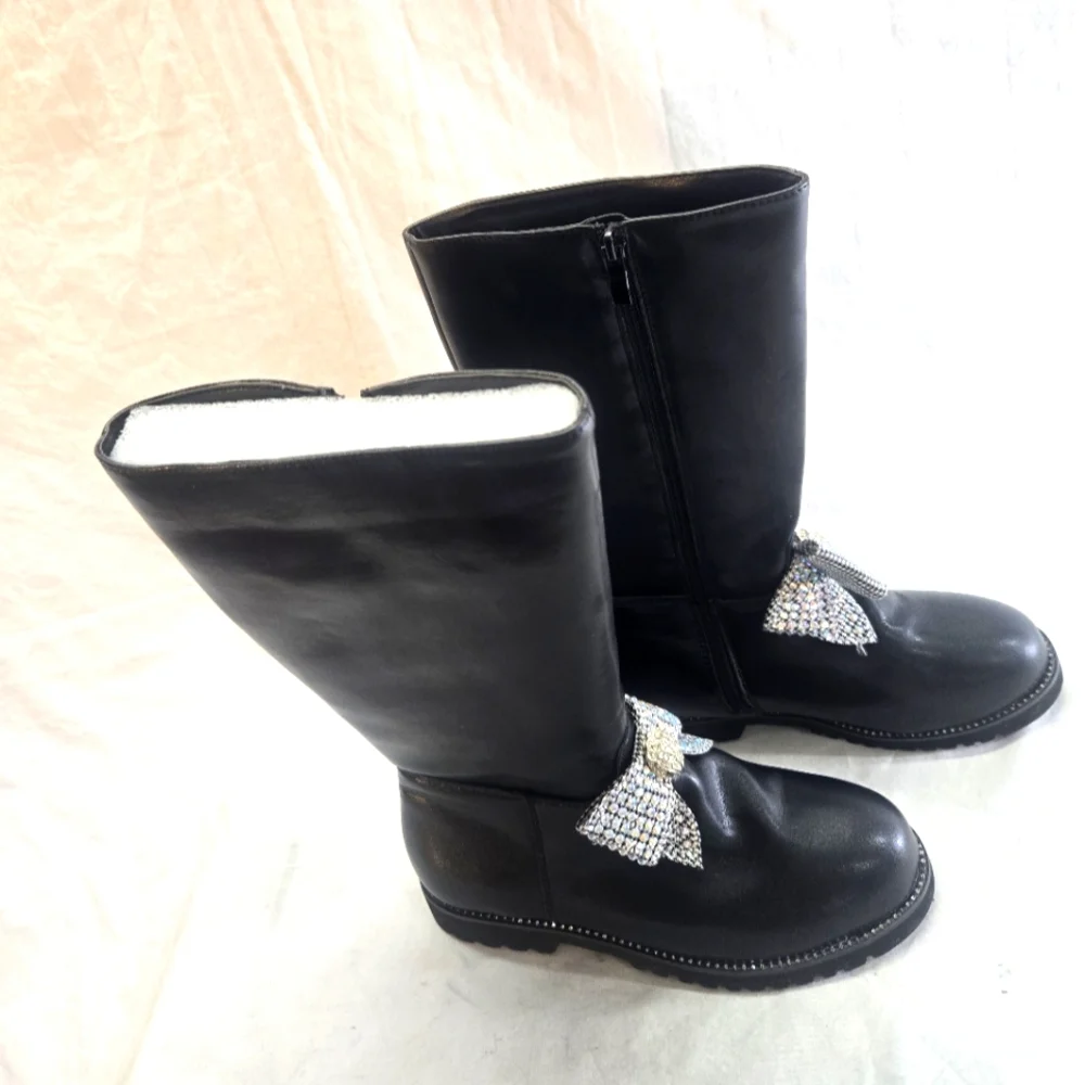 KURT GEIGER Girl's 4M Black Kensington Bow Crystal Leather Women's 5 Boots New